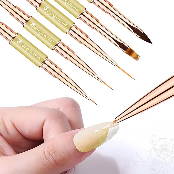 Nail Art Brushes for Nail Art, Professional 5Pcs Double-Ended Acrylic Nail Brush Set for Details, Long Lines, Ombre & 3D Design-Perfect for DIY Manicures & Salons (Gold)