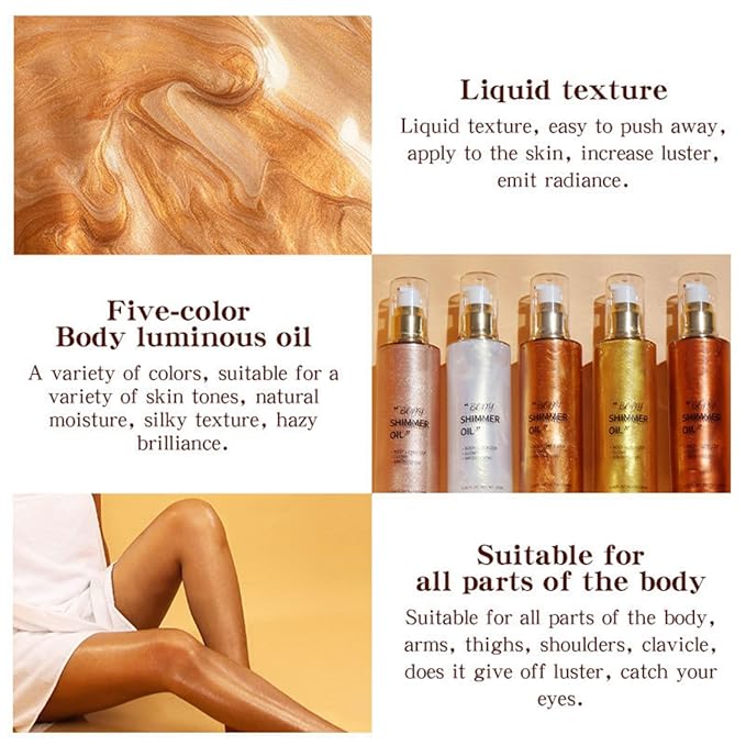 MAEPEOR Shimmer Body Luminizer 5 Colors Moisturizing Glow Illuminator Smooth and Non-sticky Summer Body Highlighter For Face & Body (80ML, 02 Gold)