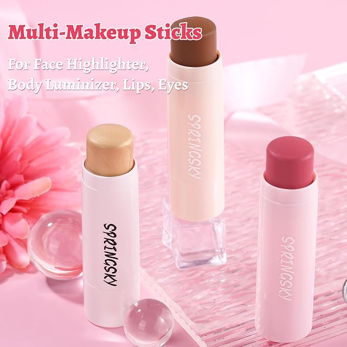 3Pcs Multi-Use Face Makeup Sticks Sets, Blendable Cream Blush Stick For Cheeks Lips, Highlighter Contour Shading Sticks Moisturizer Make Up Sets For Women (01)