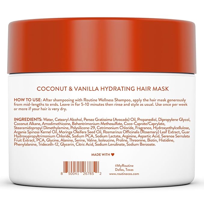 Routine Wellness Deep Conditioning Hair Mask for Dry Damaged Hair - Hydrating, Moisturizing Repair Treatment - Promotes Fullness - Coconut & Vanilla 8oz