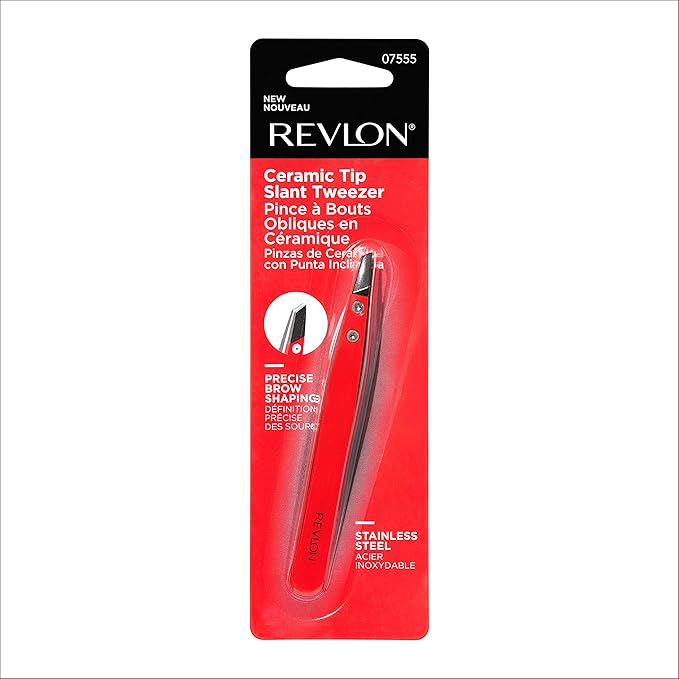 Revlon Ceramic Slanted Tip Tweezers, Precision For Eyebrow Shaping and Fine Hair Removal, Stainless Steel Body, Red, 1 Count