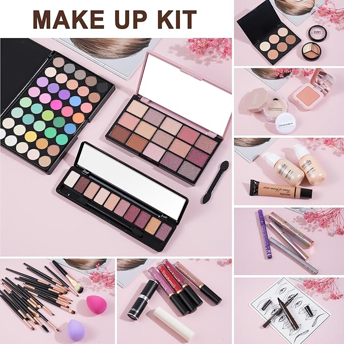All in One Makeup Kit Makeup Kit for Women Full Kit Multipurpose Makeup ,eyeshadow、 liquid foundation,Loose powder,Eyebrow pencil,4-color lip gloss set