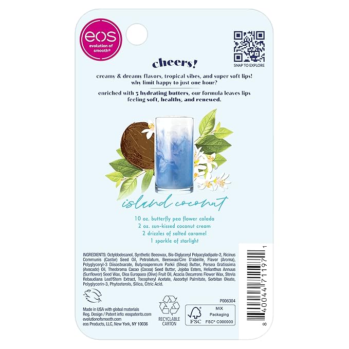 eos Sunset Sips Lip Butter Tube- Island Coconut, 24-Hour Moisture, Overnight Lip Mask, Lip Care Products, 0.35 fl oz (Pack of 2)