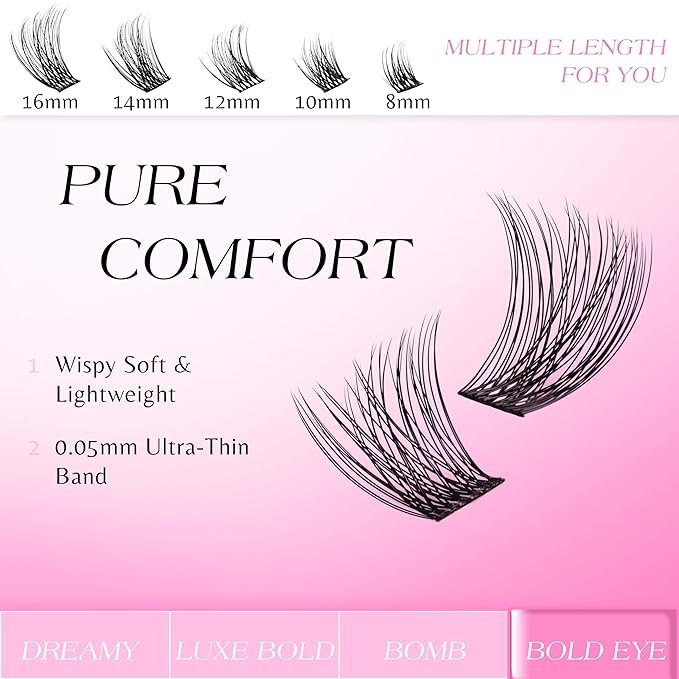 VEYESBEAUTY Lash Clusters Kit Individual Eyelash Extensions Thin & Invisible Band DIY False Eyelashes Newbie's Five-Second Series Wispy Lash Tray, Boldeye KIT with Bond&Seal Remover Applicator