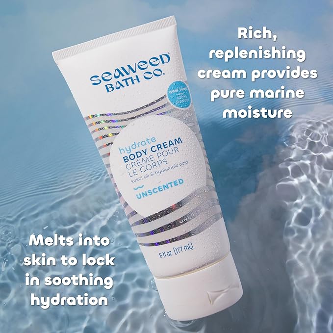 Seaweed Bath Co. Hydrate Body Cream - Unscented | Nourishing Moisturizer for Body and Hands | With Vitamin E, Hyaluronic Acid and Shea Butter For Dry Skin | 6 oz