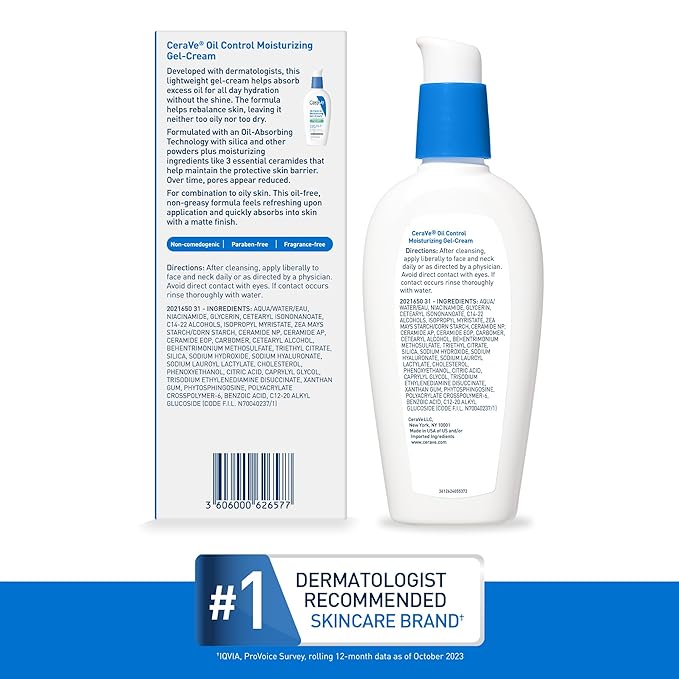CeraVe Oil Control Moisturizing Gel-Cream, Face Moisturizer for Oily Skin, Niacinamide, Hyaluronic Acid & Oil Absorbing Technology To Rebalance Oily Skin, Non-Comedogenic, Fragrance Free & Oil-Free