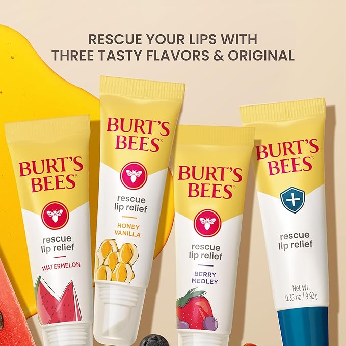 Burt's Bees Rescue Lip Relief, Watermelon & Berry Medley, Hydrating Lip Balm for Dry Cracked Lips, with Responsbily Sourced Beeswax and Shea Butter, 100% Natural Origin, 2 Pack, 0.35oz