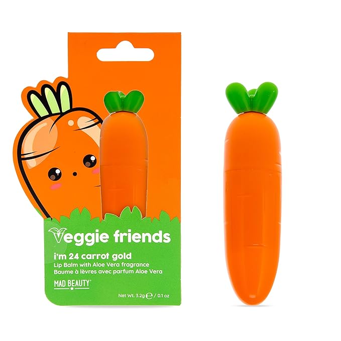 Mad Beauty Veggie Friends Carrot Lip Balm | Aloe Vera Scent | Cute and Moisturizing Lip Care | Cruelty-Free | Gift for Beauty Lovers