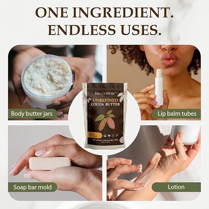 Era of Nature Cocoa Butter Raw – 100% Pure & Unrefined, Cold-Pressed Cacao – For DIY Skincare & Haircare – Deep Hydration for Skin, Hair, Lips – Stretch Mark & Scar Care – Natural Chocolate Scent, 8oz