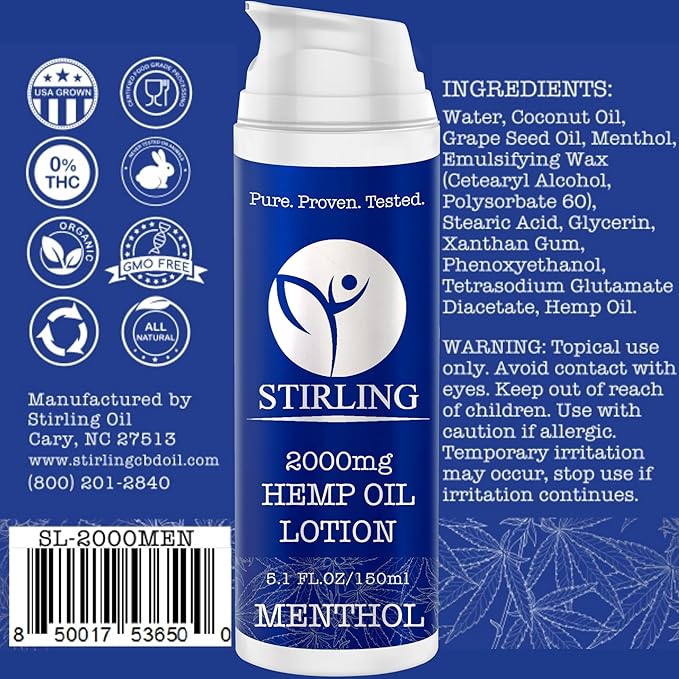 STIRLING Menthol Lotion + Hemp Oil β Maximum strength relief with cooling menthol and 100% pure hemp oil to soothe joints, relax muscles, and hydrate with aloe vera. 5 fl oz. (2000mg, Menthol)