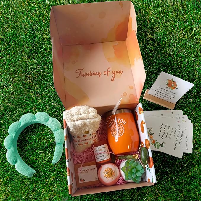 Orange-Themed Spa Gift Basket for Women - Self-Care Package, Birthday Box with Handmade Soap, Candle, Bath Bomb, Headband, and Towel