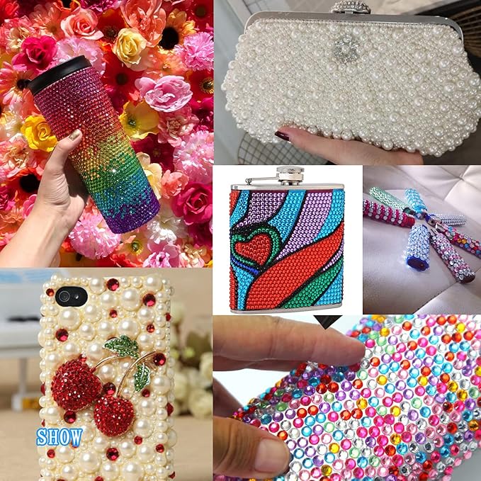 Flat Back Rhinestone+Half Round Pearl Kits Colorful Rhinestones+White+Beige Pearls With Picker Pencil And Tweezer For Home DIY And Professional Use
