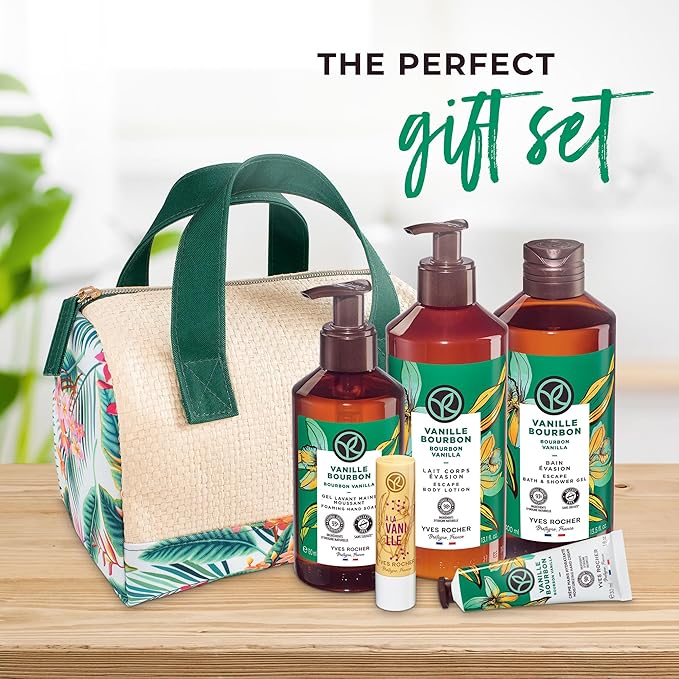 Yves Rocher Bain de Nature Vanilla 6-Piece Gift Set, Shower Gel, Hand Cream, Body Lotion, Lip Balm, Hand Soap & Vanity Bag, 6 Items