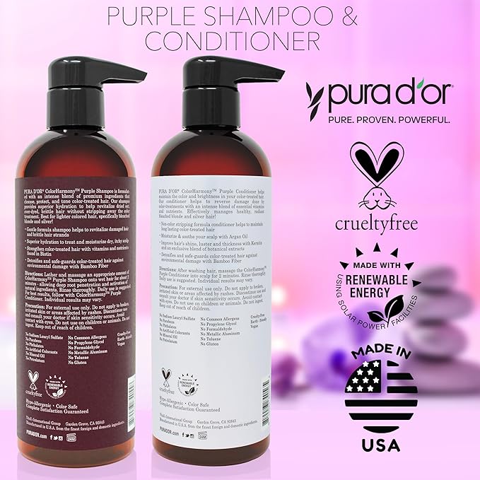 PURA D'OR 16 Oz ColorHarmony Purple Shampoo For Bleached, Blonde, Silver & Color Treated Hair - Keratin, Bamboo Fiber, No Sulfates, Select Natural Ingredients - Men & Women