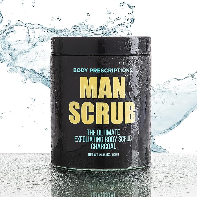 Body Prescriptions Men’s Exfoliating Body Scrub – Ultimate Skin Cleansing Wash in Jar with Twist-Top Lid, For All Skin Types, 21 Ounce (Pack of 4), Charcoal