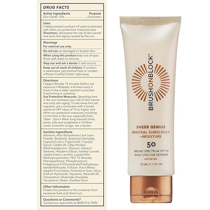 Brush On Block Untinted Mineral Sunscreen SPF 50 for Face | Broad Spectrum, Hyaluronic Acid, Sheer & Non-Greasy Moisturizer for Sensitive Skin, Zinc Oxide Sunscreen, P++++, Made in USA