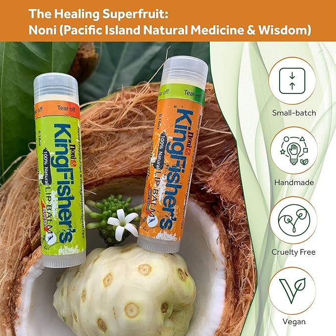 Kingfisher’s Noni Lip Balm, 2-Pack, 100% Natural Ingredients, Noni Original Oil & Virgin Coconut Oil, Ultra Hydrating Lip Balm, Sweet Orange Flavor Lip Care