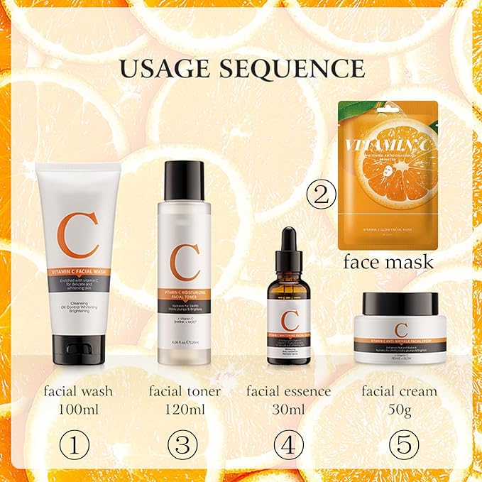 Vitamin C Skin Care Sets, 6Pcs Skin Care Products Set, Skin Care Gift Set for Women Girls, Hydrating Skincare Routine Set, Face Care Kit Includes Cleanser, Mask, Face Serum, Toner, Cream