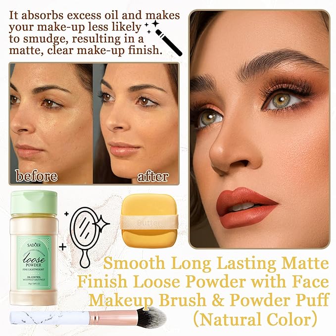 Lightweight Setting Powder,Waterproof Oil Control Translucent Face Powder,Smooth Long Lasting Matte Finish Loose Powder with Face Makeup Brush & Powder PuffďźNatural Colorďź