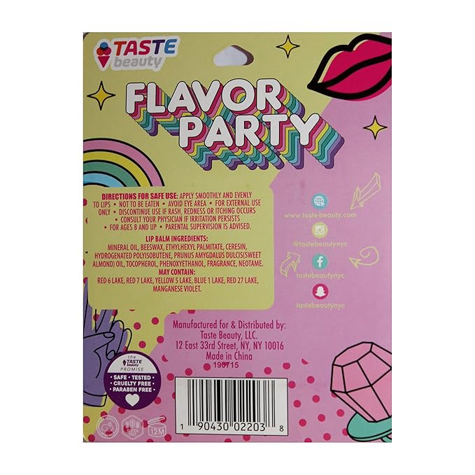 Taste Beauty (1) 5pc set Lip Balm Sticks - Flavor Party wit Unicorn, Rainbow, & More - Flavors: Strawberry, Passion Fruit, Cherry, Raspberry, Mystery - 0.12 oz each