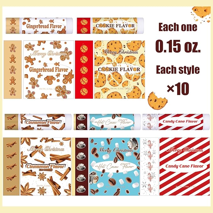 50 Pcs Christmas Lip Balms Gifts Bulk Cane Hot Cocoa Cookie Cinnamon Gingerbread 5 Assorted Flavor Holiday Party Treat Goodie Bags Stuffers Small Gifts for Friends Neighbors Colleagues