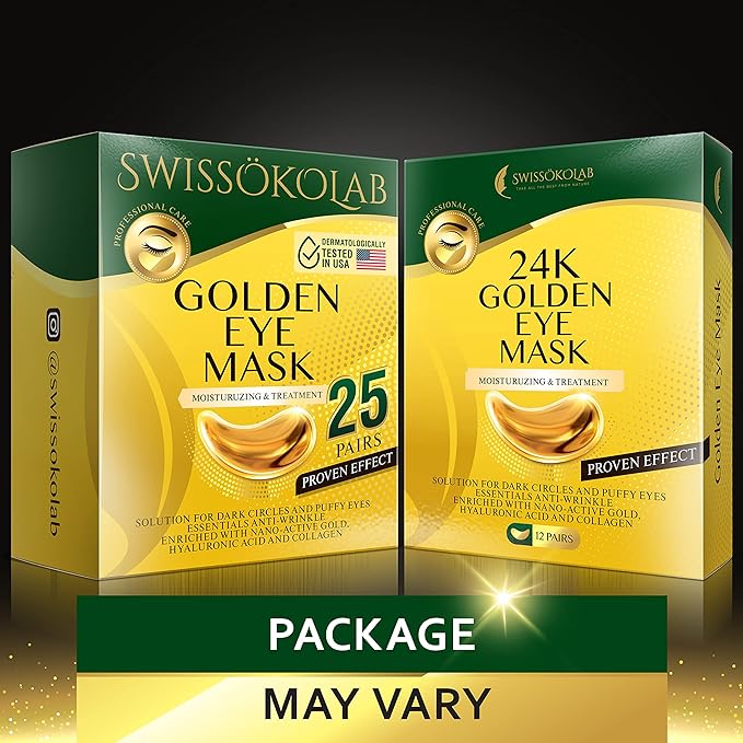 SWISSÖKOLAB Under Eye Patches For Puffy Eyes 24k Gold Eye Mask Dark Circles And Puffiness Collagen Eye Gel Pads Moisturizing & Reducing Wrinkles Anti-Aging Hyaluronic Acid (24K Gold Eye Mask)