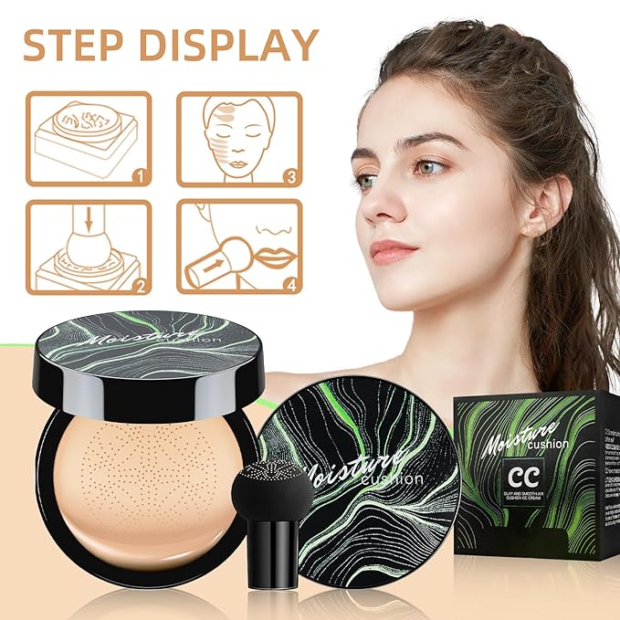 Mushroom Head Air Cushion CC Cream - BB Cream Foundation Makeup Moisturizing Concealer Long-Lasting, Cushion Foundation Full Coverage Self Adjusting for Mature Skin & All Skin Types (Buff Beige)