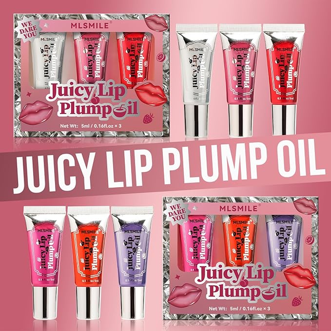 Lip Plumper Gloss 3 Colors Set, Spicy Natural Roll On Lip Plumping Oil and Pout Lip Plumper, Lifter Gloss, Enhancer for Fuller Booster Balm Moisturizing Hydrating & Nourishing Lip Glaze(A)
