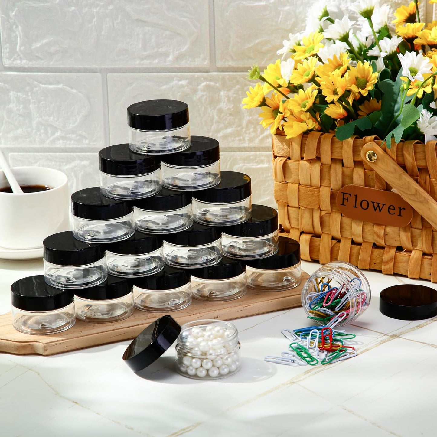 SATINIOR 100 Pcs Plastic Jars with Lids Small Containers Lids Wide Mouth Small Plastic Containers for Lotion Cream Rhinestones Body Butters Travel Storage(2 oz,Black)