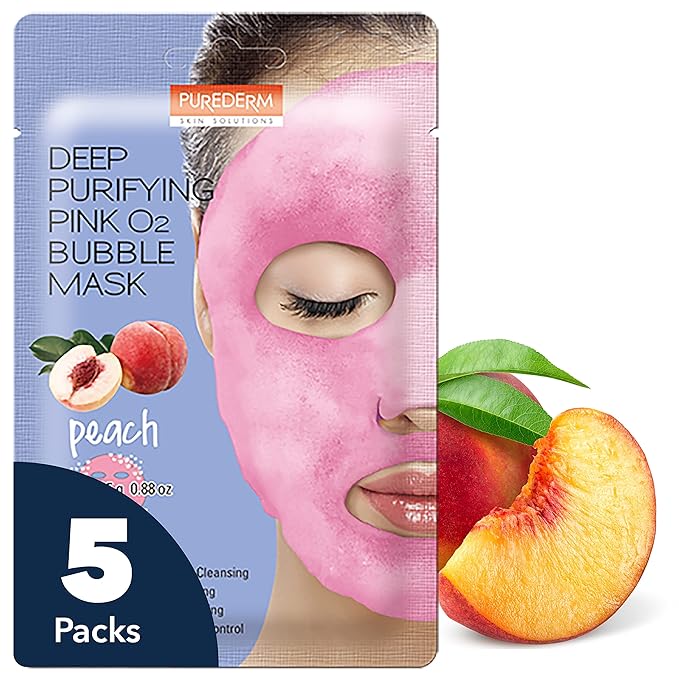 Purederm Deep Purifying Pink O2 Bubble Mask Peach (5 Pack) – Bubble Face Sheet Mask for Purifying & Moisturizing