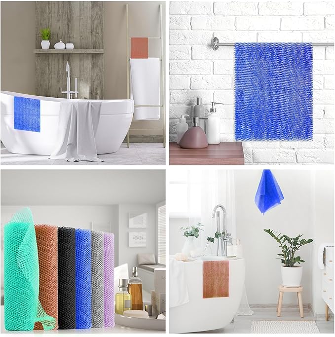 UJFQBH 6 Pieces African Bath Sponge African Net Long Net Bath Sponge Exfoliating Shower Body Scrubber Back Scrubber Skin Smoother,Great for Daily Use (Purple, Gray, Blue, Black, Brown, Green)
