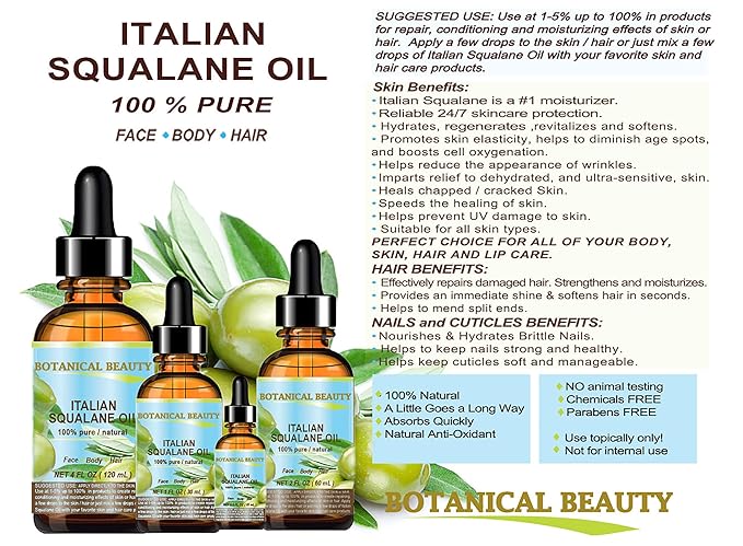 SQUALANE Italian Olive. 100% Pure Natural Undiluted Oil. 4 fl.oz- 120ml. 100% Ultra-Pure Moisturizer for Face, Skin, Body, Hair. Reliable 24/7 Skincare Protection