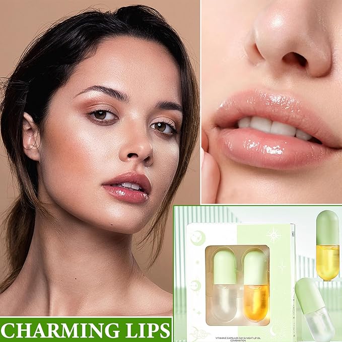 Lip Plumper Set,Lip Plumper Oil Gloss Moisturizing Lip Plumper Lip Care Serum,Hydrating Plump Gloss Reduce Fine Lines,Lip Plumper for Day & Night Use Set Aďź2Pcsďź