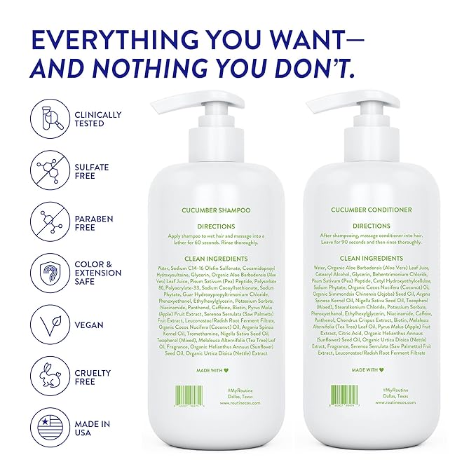 Routine Wellness Anti-Thinning Shampoo and Conditioner Set for Thinning Hair - Biotin DHT Blocker Women & Men - Color Safe Shampoo for Hair Loss & Healthier Hair - Cucumber (Pack of 2)