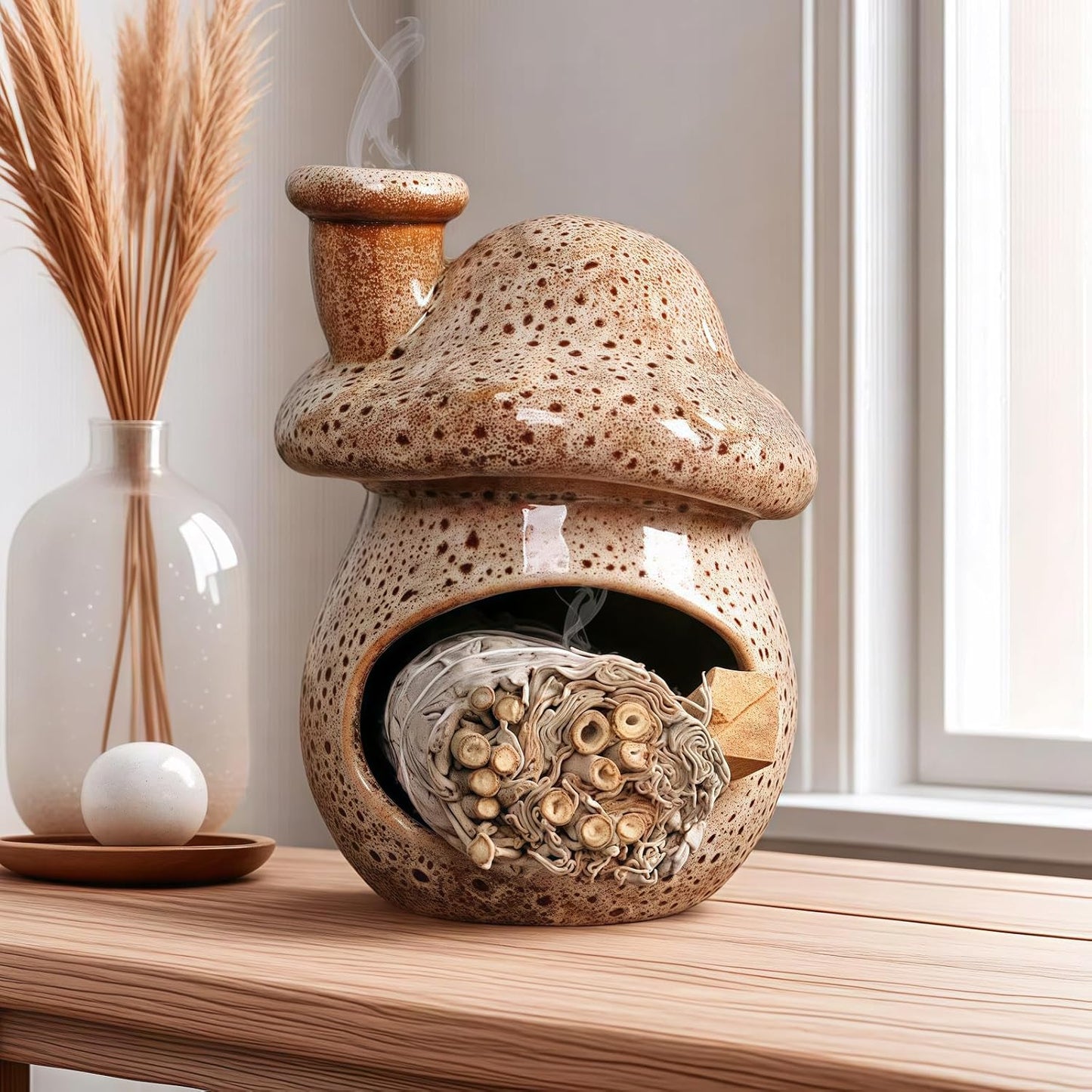 Mushroom Incense Holder, Pink Ceramic Palo Santo Holder Burner & Sage Holder - Mini Tabletop Chiminea Burner Tray with Ash Catcher, Cute Mushroom Decorations for Spiritual Meditation & Yoga