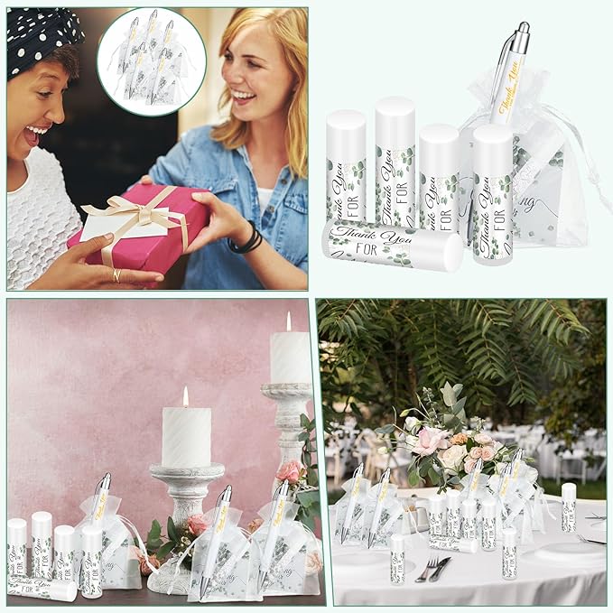 50 Set Bulk Thank You Combo Gifts Include Lip Balms Appreciation Ballpoint Pen Thank You Card Organza Drawstring Gift Bag Pouch for Wedding Parties Baby Shower Favors, Eucalyptus Leaves Style