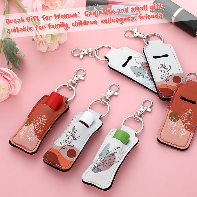 6 Pcs Boho Lip Balm Sleeve Keychain Lipstick Holder Key Chain with Portable Clip Lip Gloss Pouch Keychain for Women Graduation Travel Accessory Stocking Stuffers Gifts