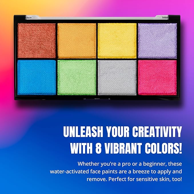 Professional Face Painting Kit - Skin Friendly Face Paint Kit - Cruelty-Free & Vegan Water Based Face Paint Makeup for Theatre, SFX and Halloween- 8 Colors 5g Each - Splashes & Spills (Pearly Colors)