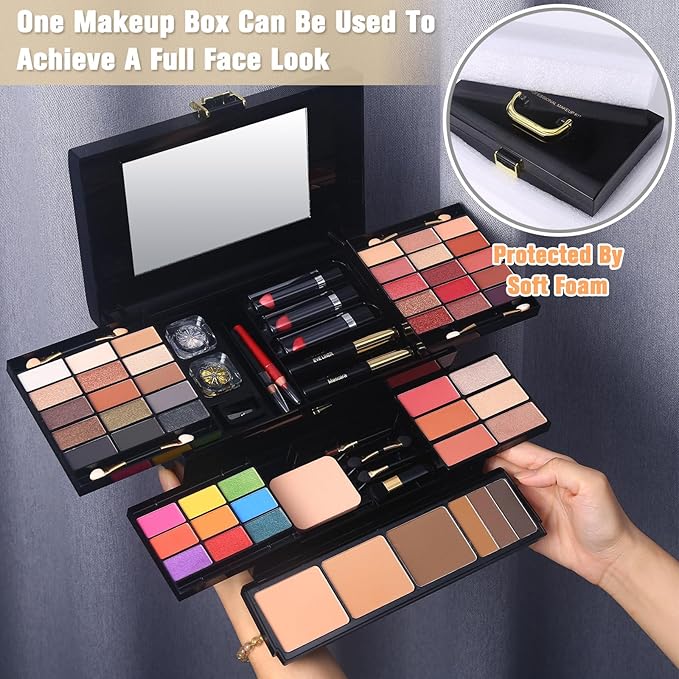 Professional Makeup Kit for Women Girl Full Kit with Mirror 60 Colors All in One Make up Gift Set Included Eyeshadow,Blusher,Highlighter,Compact Powder,Brow Powder,Lipstick,Glitter,Eyeliner,Mascara 01