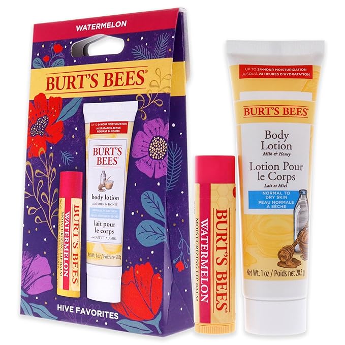 Burts Bees Hive Favorites Kit - Watermelon Unisex -0.15oz Watermelo Lip Balm, 1oz Body Lotion with Milk and Honey 2 Pc,White