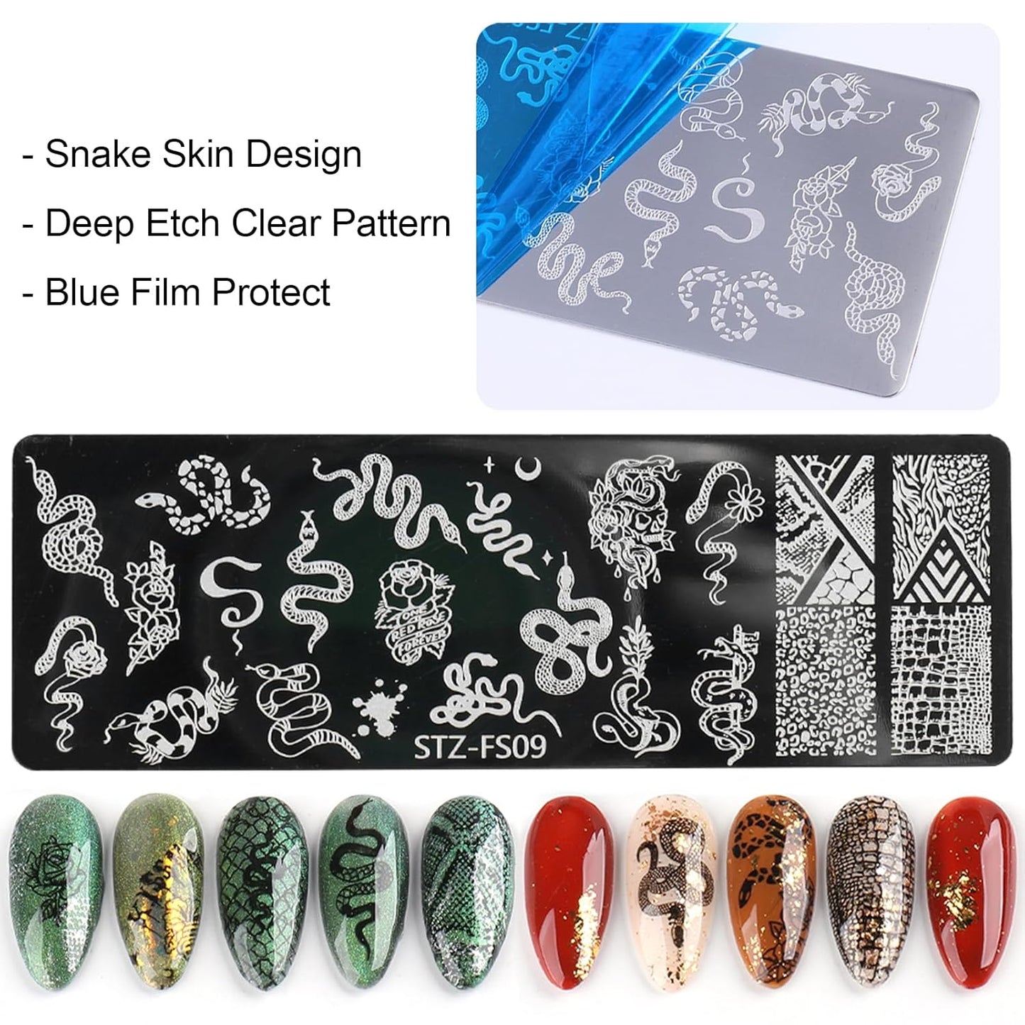 4pcs Snake Leopard Print Nail Stamping Plate Stencil with French Tip Nail Stamper Kit Reusable Salon Nail Set DIY Manicure Supplies Nail Art Tools