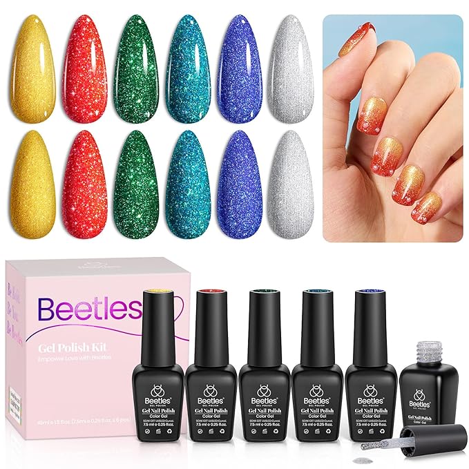 Beetles Glitter Gel Nail Polish, 6 Colors Red Green Gel Nail Polish Set Soak Off Uv LED Nail Lamp Reflective Glitter Nail Art DIY Home Nails Manicure Gifts for Women Her Girls