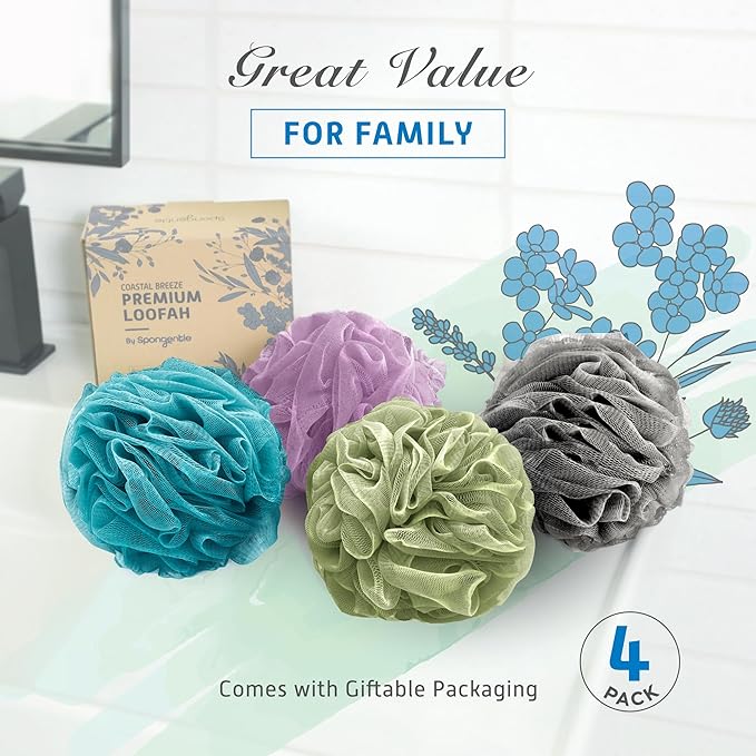 Spongentle Premium Deep Cleansing Loofah Sponge for Radiant Skin, Pack of 4, Bath and Shower, Exfoliating Body Scrubber, Beautiful Colors for Women and Men