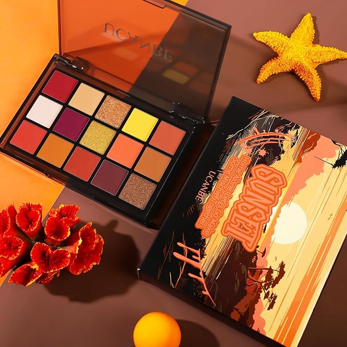 UCANBE Orange Eyeshadow Makeup Palette, 15 Colors Vibrant Shimmer Matte Glitter Eye Shadow Pallet, High Pigmented Warm Yellow Sunset Red Coral for Fall Cosplay Halloween Costume Parties Pumpkin Makeup
