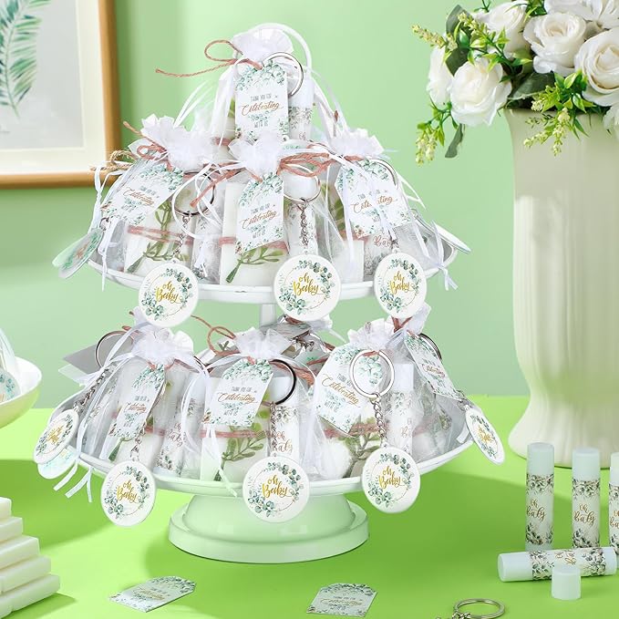 60 Sets 360 Pcs Lip Balm Soap Keychain Favors Eucalyptus Greenery Baby Shower Favors with Organza Bag Gift Card Faux Eucalyptus Greenery for Baby Shower Gift Gender Reveal Guest Prize