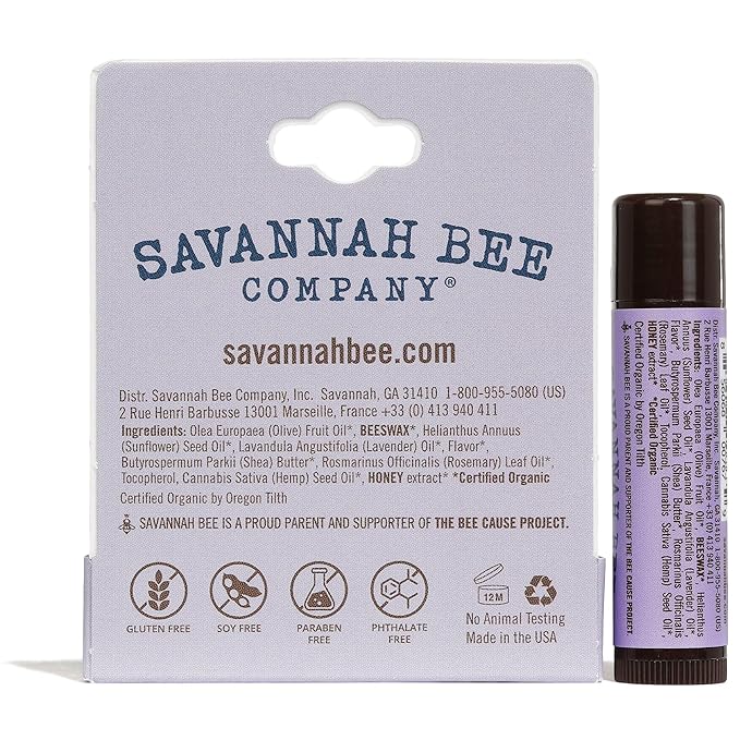 Savannah Bee Lip Balm Hanger 0.15 oz - Invigorating Mint Flavor - Natural Ingredients for Supple, Soft Lips - Convenient Hanger Design (.15 Oz, Rosemary Lavender)