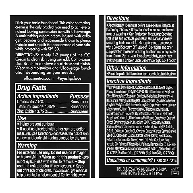 e.l.f. Camo CC Cream, Color Correcting Medium-To-Full Coverage Foundation with SPF 30, Deep 510 C, 1.05 Oz (30g)