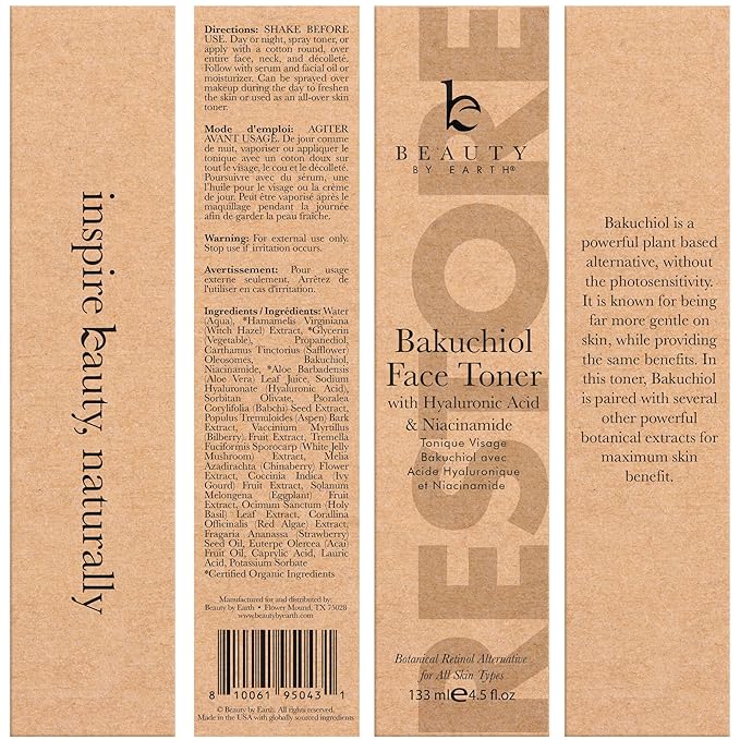 Bakuchiol Face Toner - USA Made with Natural & Organic Ingredients, Skin Toner for Oily and Acne Prone Skin, Spray Toner for Aging Skin, Smoothes Fine Lines & Wrinkles, Face Toner for Women Anti Aging