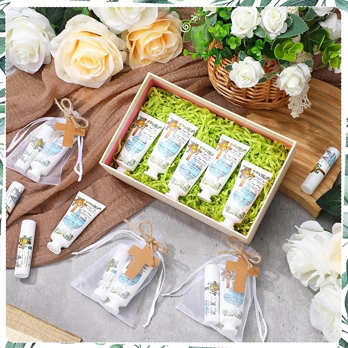 144 Pcs Christian Lip Balm Hand Cream Set Party Favors, Include 36 Bible Lip Balm 36 Moisturizing Hand Cream 36 Bags 36 Cards and Ropes for Accessories Gifts (Biblical, Cross)