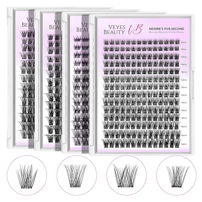 VEYESBEAUTY Lash Clusters Individual Eyelash Extensions Thin & Invisible Band DIY False Eyelashes for Self-application Newbie's Five-Second Series Wispy Lash Tray, Boldeye 8-16mm Mixed Length